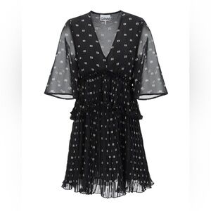 GANNI Women’s Butterfly-Printed Logo V-Neck Pleated Mini Dress